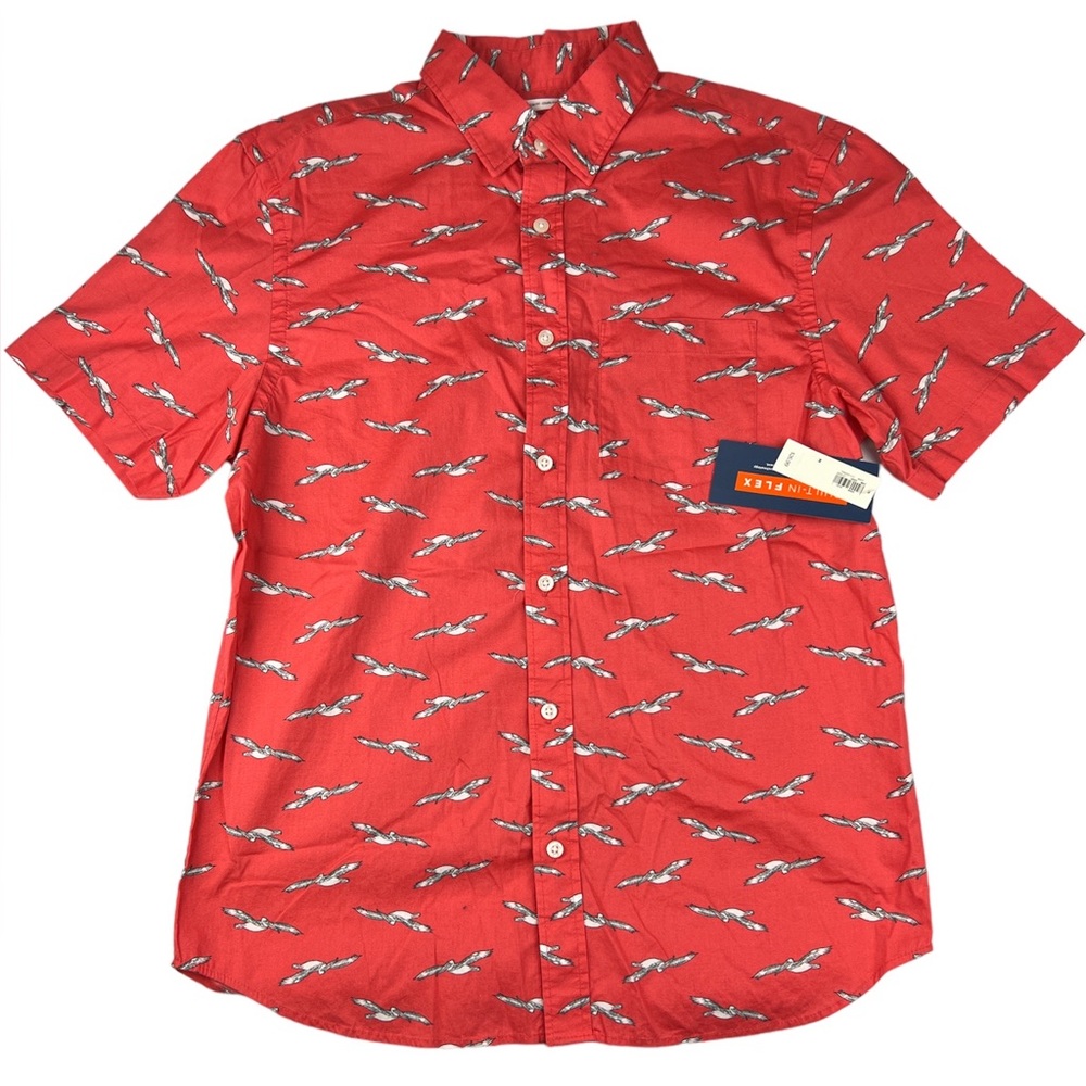 Old Navy Slim Fit Button Up Shirt Size M Coral Pink Orange Pelican Bird